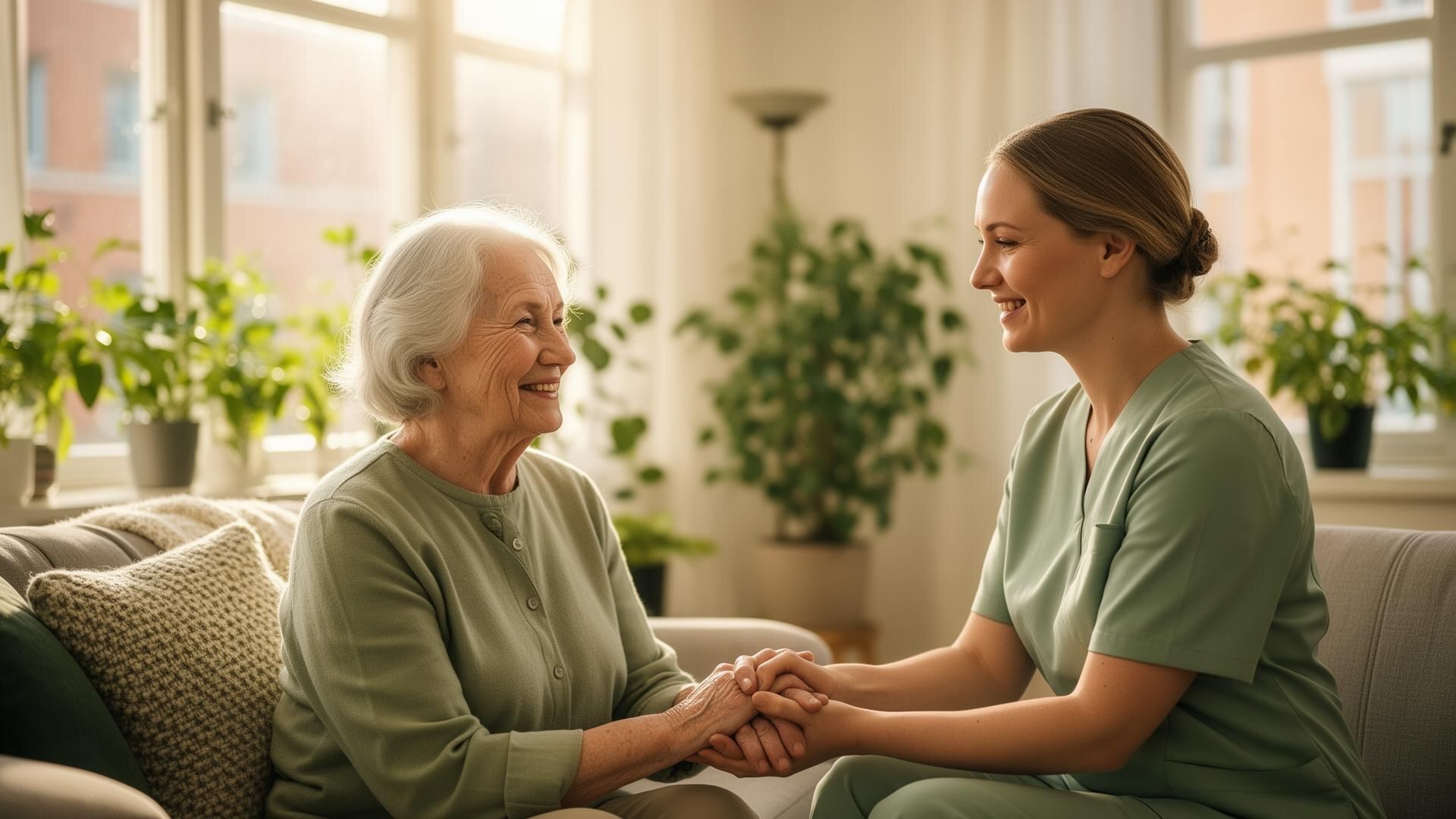 Vårdgivare och äldre kvinna delar ett varmt ögonblick i ett hem i Göteborg